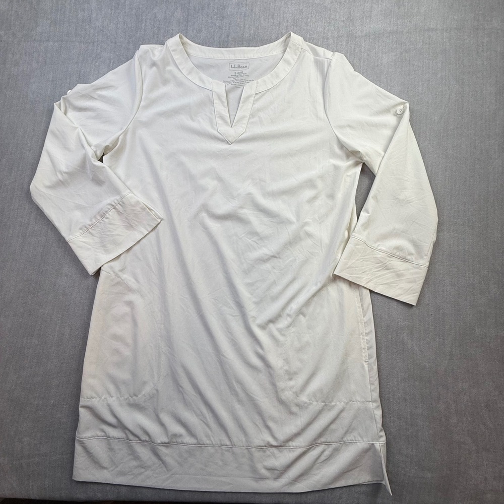 LL Bean Vista Camp Dress White 3/4 Sleeve Roll Tab Pockets 503722 Small Regular